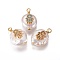 Natural Cultured Freshwater Pearl Pendants, with Cubic Zirconia and Brass Findings, Flat Round with Hamsa Hand/Hand of Fatima /Hand of Miriam, Golden, Mixed Color, 17~21x12~16mm, Hole: 1.6mm