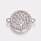 Brass Micro Pave Cubic Zirconia Links, Clear, Flat Round with Tree of Life, Platinum, 12x16x2mm, Hole: 1mm
