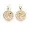 Brass Micro Pave Cubic Zirconia Pendants, Flat Round with Tree of Life, Real 16K Gold Plated, 18.5x16x2mm, Hole: 2.5x6mm