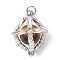 Natural Tiger Eye & Handmade Glass Seed Beaded Round Pendants, with Jump Rings, Stainless Steel Color, Saddle Brown, 17x14x14mm, Hole: 2.8mm