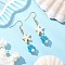 Shell Glass Dangle Earrings, Golden, with Imitation Pearl, Starfish, 54x14.5mm