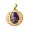 Natural Amethyst Pendants, 304 Stainless Steel Flat Round Charms, Ion Plating(IP), Golden, 23x20x5~5.5mm, Hole: 4.5x3mm