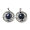 Natural Sodalite Pendants, Rack Plating Brass Hollow Flat Round Charms, Cadmium Free & Lead Free, Platinum, 36.5x33x9.5mm, Hole: 7.5x5mm