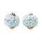 Handmade Polymer Clay Indonesia Beads, Round with Flower, with Alloy Core & Resin & Resin Rhinestone, Light Gold, Light Cyan, 19~20x17.5~19mm, Hole: 1.8mm