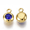 Rhinestone Charms, September Birthstone Charms, with 201 Stainless Steel, Flat Round, Golden, Sapphire, 9x6.5x4mm, Hole: 1.8mm