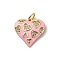 Brass Micro Pave Cubic Zirconia with Enamel Pendants, Heart Shape, Rack Plating, Lead Free & Cadmium Free, Long-Lasting Plated, Real 18K Gold Plated, with Jump Ring, Pearl Pink, 16x16x2.5mm, Hole: 3.5mm