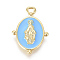 Golden Plated Brass Enamel Pendants, Oval with Virgin Mary Religion, Deep Sky Blue, 18.5x13x2mm, Hole: 1.6mm