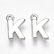 Brass Charms, Letter, Nickel Free, Real Platinum Plated, Letter.K, 8.5x6x1.5mm, Hole: 0.8mm