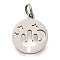 304 Stainless Steel Charms, with Jump Ring, Flat Round with Cactus & Star & Moon Charm, Laser Cut, Stainless Steel Color, 14x12x1mm, Hole: 3mm