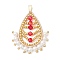 Glass Seed Beaded Leaf Pendants, with Shell Pearl & Brass Linking Rings & 304 Stainless Steel Loop, Faceted, White, 38.5x32.5x4.5mm, Hole: 3x6.5mm