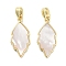 Brass Pave Natural Shell Pendants, Leaf Charms, Real 18K Gold Plated, 20x9x2mm, Hole: 4x2.5mm