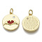 Brass Micro Pave Cubic Zirconia Pendants, with Enamel & Jump Rings, Nickel Free, Valentine's Day, Flat Round with Heart, Clear, Real 18K Gold Plated, Red, 18x16x2.5mm, Jump Ring: 5.5x0.8mm, inner diameter: 3mm.