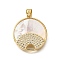 Brass Micro Pave Cubic Zirconia Shell Pendants, Cadmium Free & Lead Free, Round, Real 18K Gold Plated, 24.5x22x3mm, Hole: 3.5x4.5mm