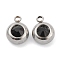 201 Stainless Steel Rhinestone Charms, Birthstone Charms, Flat Round, Stainless Steel Color, Jet, 12x9x5mm, Hole: 1.8mm