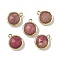 Natural Rhodonite Faceted Flat Round Charms, with Rack Plating Brass Settings, Long-Lasting Plated, Golden, 14.5x12x5.5mm, Hole: 1.4mm