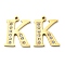 Real 14K Gold Plated 304 Stainless Steel Pendants, with Rhinestone, Letter K, Letter K, 18x15x2mm, Hole: 1.4mm