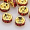 Brass Rhinestone Spacer Beads, Grade AAA, Straight Flange, Nickel Free, Golden Metal Color, Rondelle, Light Siam, 8x3.8mm, Hole: 1.5mm