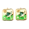 304 Stainless Steel Enamel Pendants, with with ABS Imitation Pearl, Square with Flower Charm, Golden, Spring Green, 25x22x4mm, Hole: 1.4mm