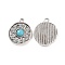 Alloy Pendants, Flat Round Charms, with Synthetic Turquoise, Antique Silver, 23x20x5mm, Hole: 2mm