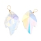 Glass Pendants, with Light Gold Brass Loops, Faceted, Maple Leaf Charms, Colorful, 38~38.5x19.5x9mm, Hole: 4~4.8x3.7~4mm