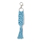 Handmade Macrame Nylon Thread Pendant Decorations, Alloy Clasps Charms for Bag or Keychain Ornaments, Rectangle, Sky Blue, 240mm