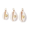 Copper Wire Wrapped Natural Cowrie Shell Pendants, with Brass Slices, Golden, Moon, 24~28x12~15.5x7~8.5mm, Hole: 2.6mm