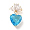 Brass Micro Pave Clear Cubic Zirconia Pendants, with Glass, Heart Charms, Real 18K Gold Plated, Blue, 24.5x13x12mm, Hole: 6x4mm