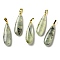 Natural Prehnite Pendants, Teardrop Charms with Rack Plating Golden Tone Brass Snap on Bails, 34~34.5x10~10.5x6~6.5mm, Hole: 6.5x3mm