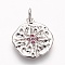 Brass Micro Pave Cubic Zirconia Pendants, Lead Free & Cadmium Free & Nickel Free, Flat Round with Star, Medium Violet Red, Platinum, 17x15x1.5mm, Hole: 3mm