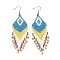 Glass Seed Braided Rhombus with Tassel Chandelier Earrings, Bohemian Brass Wire Wrap Drop Earrings for Women, Sky Blue, 90mm, Pin: 0.6mm