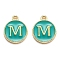 Golden Plated Alloy Enamel Charms, Enamelled Sequins, Flat Round with Alphabet, Letter.M, Green, 14x12x2mm, Hole: 1.5mm