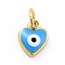 Rack Plating Brass Enamel Charms, with Jump Rings, Cadmium Free & Lead Free, Real 18K Gold Plated, Heart with Evil Eye, Deep Sky Blue, 9x7x2.6mm, Hole: 3mm