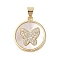 Brass Micro Pave Clear Cubic Zirconia Pendants, with Shell, Cadmium Free & Lead Free, Flat Round with Butterfly, Real 18K Gold Plated, 19.5x17x2.5mm, Hole: 4x3.5mm