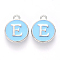 Platinum Plated Alloy Enamel Charms, Cadmium Free & Lead Free, Enamelled Sequins, Flat Round with Letter, Sky Blue, Letter.E, 14x12x2mm, Hole: 1.5mm