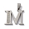 201 Stainless Steel Pendants, with Rhinestone, Letter, Letter M, 25x27x2mm, Hole: 6x3mm