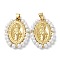 Rack Plating Brass Pendants, with Plastic Imitation Pearls, Cadmium Free & Lead Free, Oval with Saint Charm, Real 18K Gold Plated, 26x19~20x3.5mm, Hole: 3x4mm