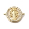 Brass Micro Pave Clear Cubic Zirconia Flat Round Saint Benedict Connector Charms, Cadmium Free & Lead Free, with Natural Shell, Real 16K Gold Plated, 16x21.5x3.5mm, Hole: 1.2mm