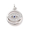 Brass Micro Pave Cubic Zirconia Pendants, Cadmium Free & Lead Free, with Jump Ring, Flat Round with Evil Eye Charms, Platinum, 15.5x12.5x2.5mm, Hole: 2.8mm