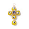 Brass Wire Wrapped Handmade Evil Eye Lampwork Pendants, with Glass Beads, Cross Charm, Yellow, 40x24x8.5mm, Hole: 3mm