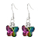 Platinum Tone Brass Butterfly Electroplate Glass Beads Dangle Earrings, Colorful, 36mm, Pin: 0.6mm