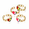 Brass Enamel Cuff Rings, Open Rings, Nickel Free, Curb Chain, Heart, Real 16K Gold Plated, Mixed Color, US Size 8 1/4(18.3mm)