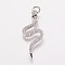 Brass Cubic Zirconia Pendants, Snake, Platinum, 29.5x12x2mm, Hole: 3mm