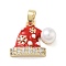 Christmas Theme Brass Micro Pave Cubic Zirconia Pendants, Cadmium Free & Nickel Free & Lead Free, with Enamel and ABS Imitation Pearls, Real 18K Gold Plated, Hat, 14.5x17.5x7mm, Hole: 4.5x2.5mm