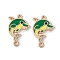 Alloy Enamel Connector Charms, Dolphin Links with Crystal Rhinestone, Light Gold, Cadmium Free & Nickel Free & Lead Free, Green, 23x15.5x1.5mm, Hole: 1.5mm