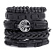 5Pcs 5 Style PU Leather Cord Bracelets Set, Tree of Life Alloy Links & Wood Beaded Stackable Bracelets, Black, Inner Diameter: 2-1/2 inch(6.5cm), 1Pc/style