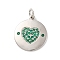 Brass Micro Pave Cubic Zirconia Pendants, Long-Lasting Plated, Lead Free & Cadmium Free, Platinum, Round with Heart, Dark Green, 18.5x16x1.5mm, Hole: 3mm