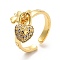 Clear Cubic Zirconia Clover with Star Padlock Charm Open Cuff Ring, Brass Jewelry for Women, Real 18K Gold Plated, US Size 6 1/2(16.9mm)