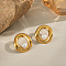 Stainless Steel Imitation Pearl Hollow Flat Round Stud Earrings, Real 18K Gold Plated, 28.4x26mm
