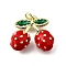 Brass with Enamel Charms, Long-Lasting Plated, Lead Free & Cadmium Free, Real 18K Gold Plated, with Jump Ring, Cherry, 16x18.5x8mm, Hole: 3.2mm