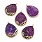 Natural White Jade Imitation Sugilite Pendants, Dyed Teardrop Charms with Rack Plating Golden Plated Brass Findings, 37x27.5x4mm, Hole: 1.6mm